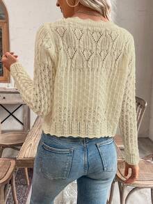 EMERY ROSE Women's Round Neck Hollow Front Button Cardigan, Autumn/Winter Knitted Sweater Jacket - Beige - View 2