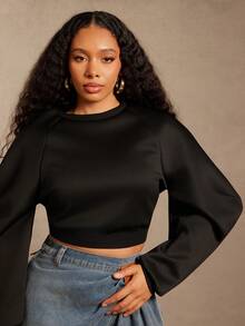 Vixey Sudadera de cuello redondo negro sólido de manga larga y estructura - Negro - Ver 5