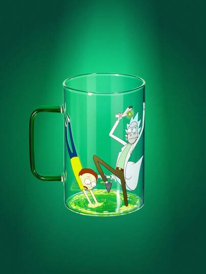 Rick and Morty X SHEIN 1 Peça Caneca de Vidro Borossilicato com Padrão Fofo de Desenho Animado Impresso, 800ml, Resistente ao Frio e Calor, Adequada para Leite, Suco, Café, Etc., Portal