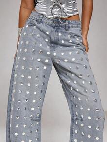 MUSERA Quần jeans ống đứng dáng rộng, cạp trung, đính gương, thích hợp cho mùa thu đông, đi chơi đêm, thanh lịch, gợi cảm, dự tiệc, cao cấp, màu hợp kim đen, mùa xuân hè. - Màu xanh nhạt - Xem 4