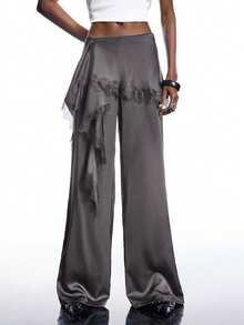 LYSMO 2026新款极简春夏女式灰色蕾丝拼接荷叶边休闲百搭通勤阔腿裤，饰有蕾丝花边 - 深灰色 - 查看 6