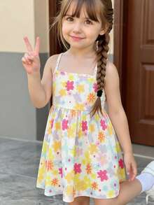 SHEIN Playful Pals Baby Girls Colorful Ditsy Floral Spaghetti Strap Dress, Easy To Wear, Vibrant Colors, Comfortable Squishy Fabric, Suitable For Summer - White - View 2