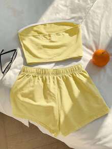 Comfortcana Bộ đồ nữ màu vàng mù tạt trơn, gồm áo và quần short, thích hợp cho mùa xuân/hè. - Màu vàng ngỗng - Xem 2