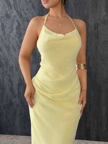 Vassilux Women's Sexy And Elegant Chiffon Cowl Draped Neck Open Back Beaded Chain Decor Bodycon Long Maxi Dress, Yellow Butter Maxi Dress,Women Dating Dress,Women Night Out Dress, Summer Dresses For Women, Honeymoon Outfits Woman .Women Wedding Guest Dress. Island Vacation Outfits,Birthday Dresses For Women,Club Outfits Women Sexy Party - Light Yellow - View 4