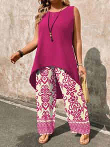 EMERY ROSE Plus Size 2 Pieces Set: Paisley Print Sleeveless Top And Wide Leg Pants - Hot Pink - View 5