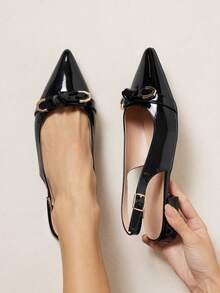 SHUZIA #ElegantChic Women's Low Block Heel Point Toe Geometric-Buckle Bow Decor Cushioned Insole Patent Black Slingback Pumps– Chic, Feminine & Comfortable - Black - View 4