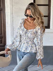 Pariaura Sweetheart Collar Lantern Sleeve Cinched Waist Shirred Tie-Up Ruffle Hem Elegant Blouse - Blue - View 6