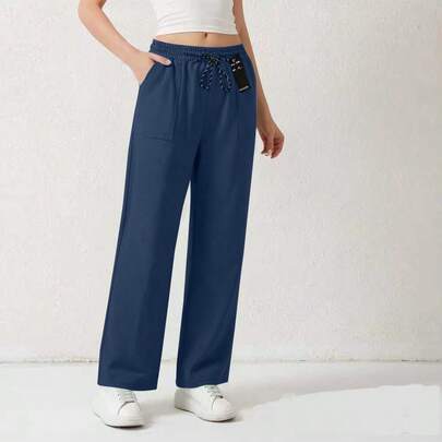 Pantalones casual estilo piercing recta para mujer y dama, estilo chándal, con cordón ajustable y bolsillos negro