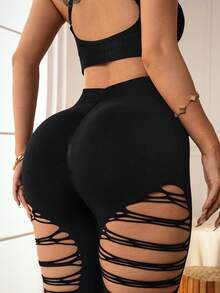 Slayform Slayform 女士性感V腰破洞运动紧身裤 - 黑色 - 查看 3