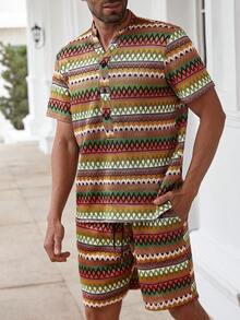 Manfinity Homme Men's Striped Button Half-Placket Short Sleeve Shirt And Shorts Casual Suit - Multicolor - View 3