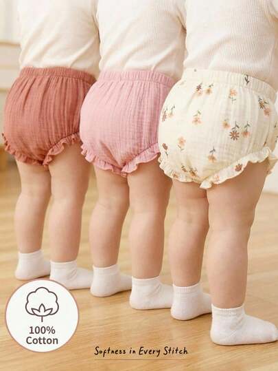 Cozy Pixies 3pcs Baby Girl Solid Color Comfortable Elastic Waist Shorts Set