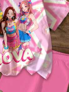 SHEIN 女童圆领字母卡通印花短袖T恤和短裤休闲简约套装，适合度假、聚会和日常穿着。 - 彩色 - 查看 5