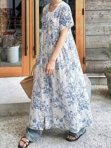 FRIFUL 女士V领短袖印花宽松休闲连衣裙波西米亚风太阳裙，适合女士度假穿着，夏季必备 - 藍色 - 查看 2