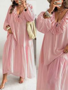 Vionelle Đầm dài tay dài dáng rộng, lãng mạn, cổ chữ V, chất liệu chiffon, dành cho nữ cỡ lớn, thích hợp cho mùa xuân và hè, kiểu dáng thường ngày, đi nghỉ mát, chất liệu chiffon, có bèo nhún. - Hồng - Xem 1