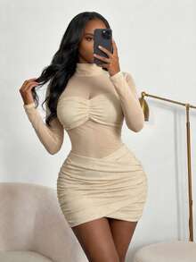 SHEIN PETITE 女士时尚性感网纱拼接立领迷你连衣裙，适合秋冬季感恩节和新年穿着，秋冬季感恩节和新年派对礼服，女士派对连衣裙 - 杏色 - 查看 6