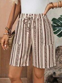 EMERY ROSE Women's Casual Vacation Printed Pocket Drawstring Shorts Summer Woman Beach For Boho - Brown - View 3