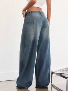 Denimoi Asymmetrical Waist Barrel Leg Jeans Fashionable Streetweat Statement Jeans Barrel Leg Pants - Medium Wash - View 4