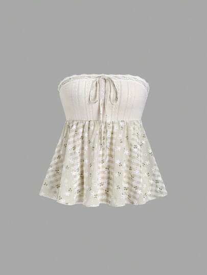 Sweetra 女士2000年代风格Y2K外出上衣，甜美优雅的蕾丝拼接抹胸衬衫