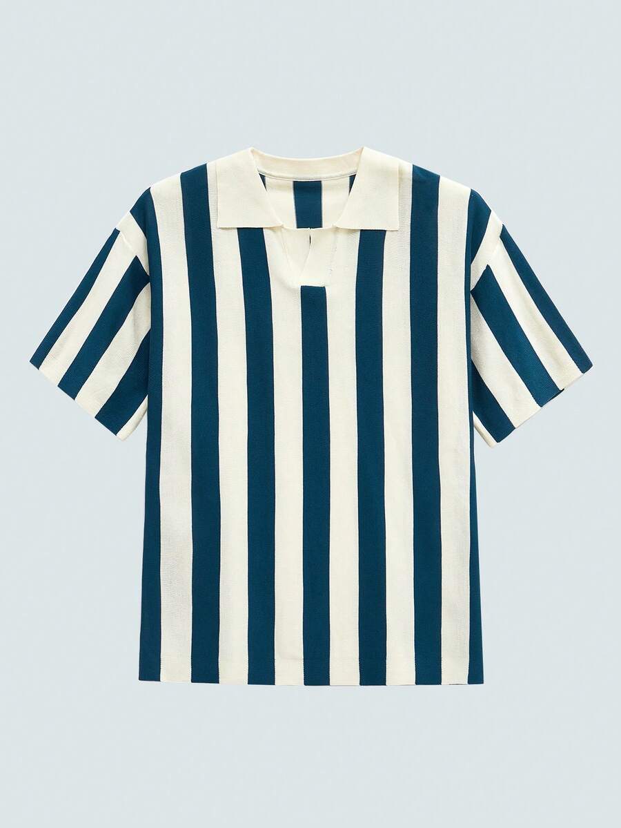 Modcrash Men's Old Money Style Striped Contrast Knitted Top/Khaki Clothing