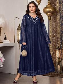 Al Najma Plus Size Women's Lace Fabric Beaded Collar Elegant Dress, Spring/Summer - Navy Blue - View 6
