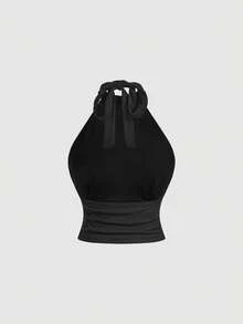 SHEIN MOD 女士休闲通勤纯色褶皱露背系带吊带背心，夏季 - 黑色 - 查看 3