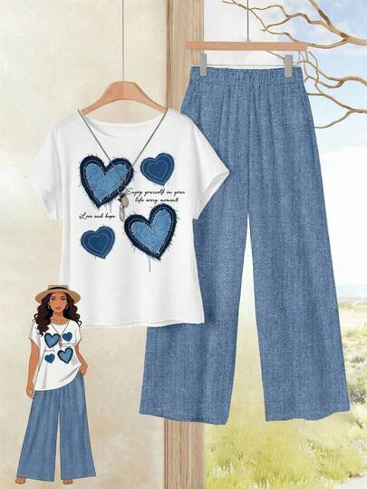 Rusticease 休闲风仿机械心形图案加大码女式修身两件套，适合夏季、初秋、度假、居家、派对等场合。