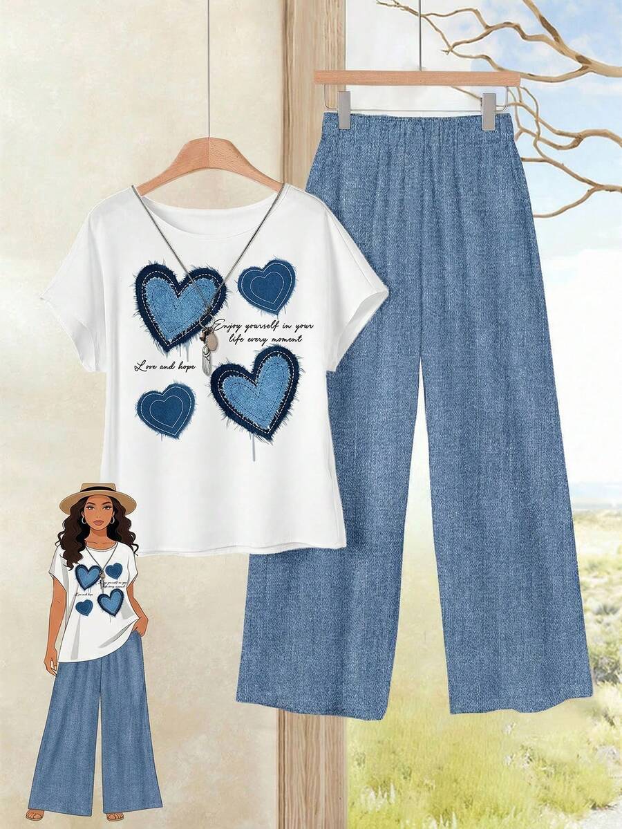 Rusticease Conjunto feminino plus size de duas peças com estampa de coração que imita tecido mecânico, estilo casual, ideal para o verão, início do outono, férias, uso em casa e festas. - Branco - Ver 1