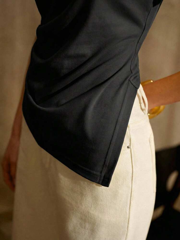 COTTON ASYMMETRIC RUCHED CREW NECK SHORT SLEEVE T-SHIRT, SPRING/SUMMER