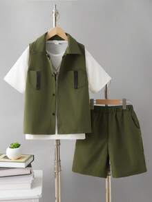 3pcs/Set Boys Casual Letter Print Short Sleeve T-Shirt With Woven Vest And Loose Matching Shorts Set, Simple Fashion Comfortable For Daily Wear School - Army Green - View 4