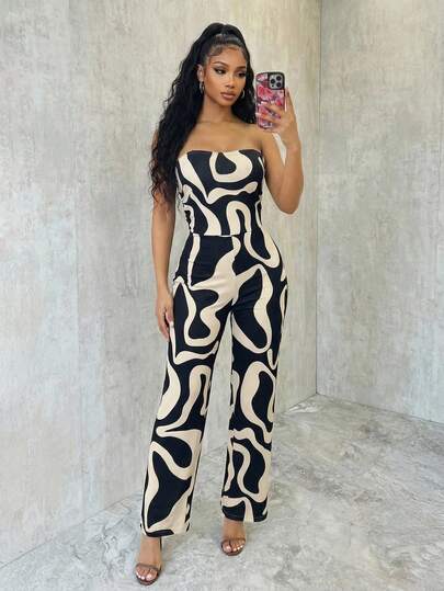 Eryvara Fashionable Sexy Strapless Sleeveless Geometric Print Jumpsuit