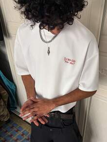 PAVTROS Áo thun nam tay ngắn cổ tròn thêu chữ, kiểu dáng thường ngày, đa năng. - trắng - Xem 2