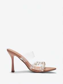 Eladyva Sandalias de tacón alto transparentes y desnudas para mujeres con decoración de perlas, sandalias de tacón alto simples y elegantes con punta puntiaguda para fiestas de verano, modernas y cómodas - Albaricoque - Ver 10