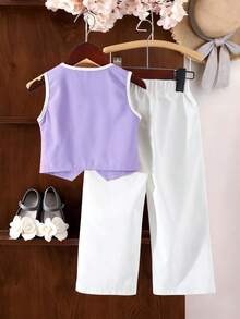 Young Girl' Set, Round Neck Top With Contrast Color Cuffs And Collar, Button Front Closure, Bow Decor, Paired With Straight Leg Casual Pants, Elegant And Fashionable Outfit - Purple - View 5