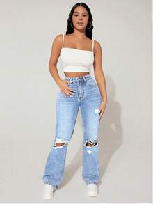 SHEIN PETITE High-Waisted Ripped Loose Y2K Autumn And Winter Warm Jeans Thermal Denim - Light Wash - View 3