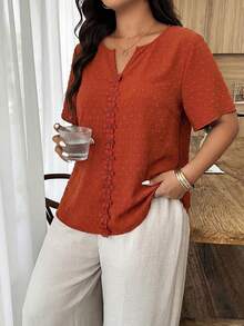 Weeklong Orange V-Neck Ruffle Trim Jacquard Fabric Plus Size Vacation Blouse, Spring/Summer - Orange - View 4