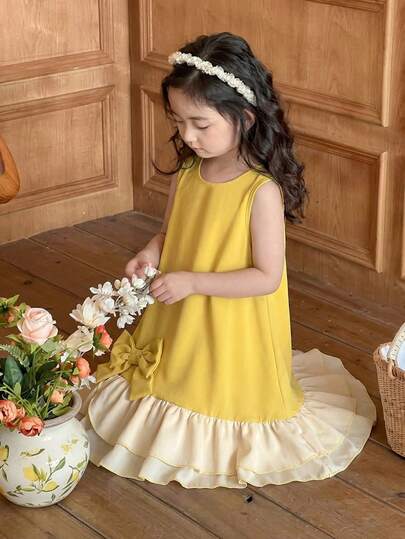 SHEIN Vintaside Kids Girl's Color Block Bow Decor Sleeveless Round Neck Dress