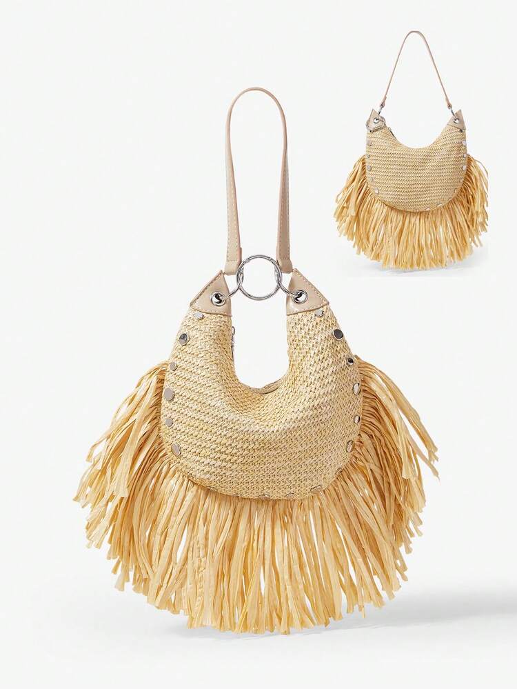 SHEIN Maija Ladies, Women Shoulder Bag, Hobo Bag, Top Handle Bags, Tassel, Retro, Rivets, Vintage, Fashionable, Elegant, Simple, Personalized, Versatile, Classic, For Commute, Office, Date, Daily, Shopping, Afternoon Tea