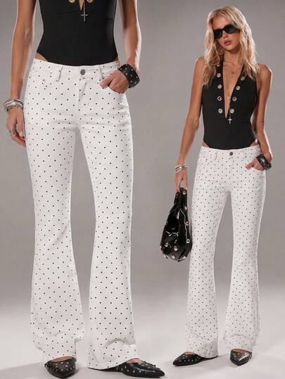 TRNVIE Fashionable Casual Polka Dot Low Waist Flare Leg Jeans
