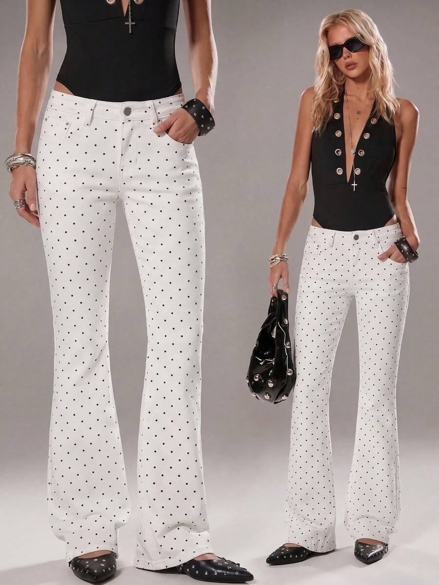 TRNVIE Fashionable Casual Polka Dot Low Waist Flare Leg Jeans - White - View 1