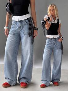 TRNVIE Quần jeans ống rộng cạp thấp có túi, phong cách thường ngày, cổ điển, hoài niệm. - Rửa trung bình - Xem 1