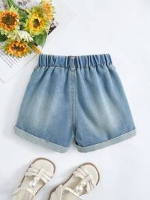 SHEIN Genkimix Kids 女婴牛仔水洗蓝复古休闲直筒卷边短裤 - 藍色 - 查看 2