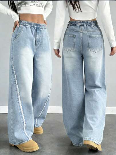 SHEIN 女童夏季休闲牛仔裤，不对称花卉拼接设计，松紧腰带，浅蓝色牛仔裤