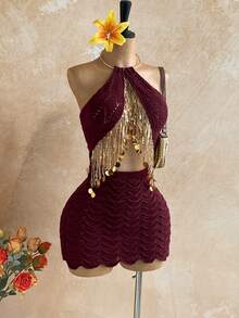 Soleia Vestido de punto sexy con escote halter, calado y con lentejuelas y flecos para mujer - Burdeos - Ver 4