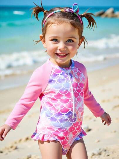 Baby Girls Beachwear Swimsuit, Cute Pink Mermaid Scale Print, Pink Knit Fabric Long Sleeve Shorts With Ruffle Hem, Front Zipper, Digital Print One-Piece Swimwear, Fashionable Casual Elegant Suitable For Swimming, Vacation, Summer Baby Girl Sun Protection Shirt Cute Baby Bathing Suits Long Sleeve Baby One Piece Rash Guard Baby Girl Beach Wear Baby Girl Rash Guard Toddler Mermaid Bathing Suit Toddler Girl Long Sleeve Swimsuit Baby Mermaid Swim Suit