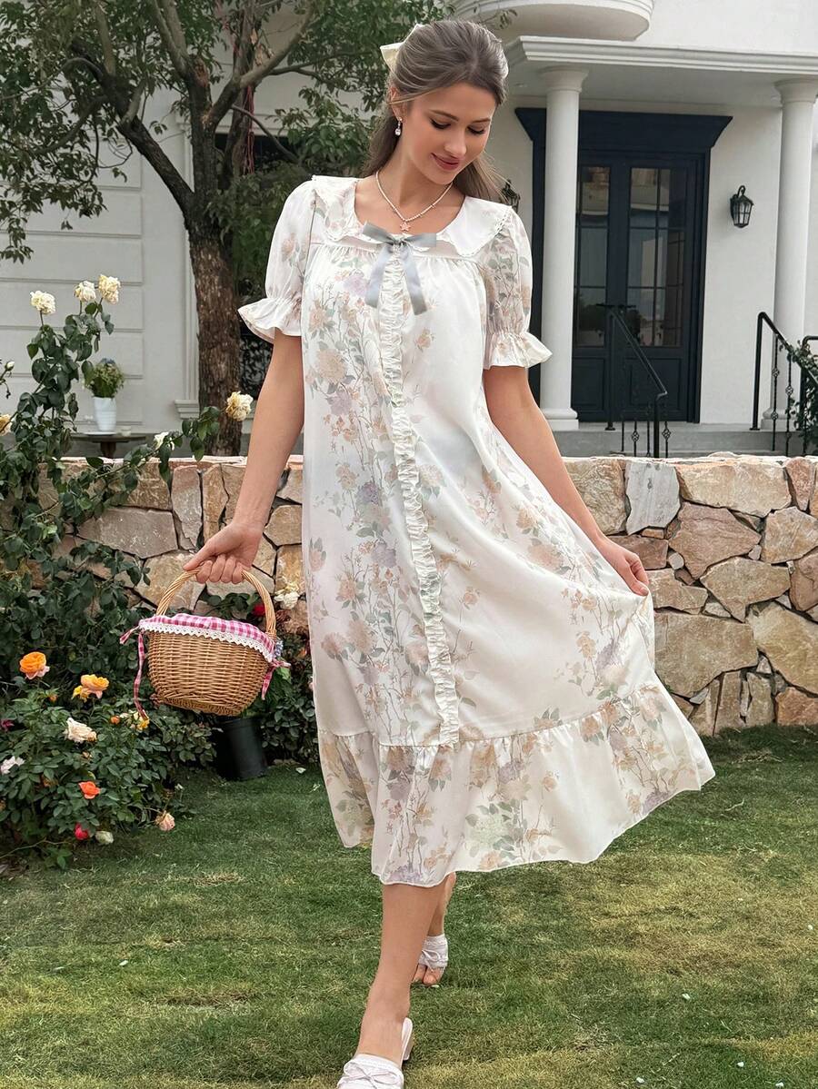 DAZY Women's Elegant Floral Print Nightgown, Summer - Green - View 1