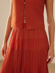 Aveloria Rosie Bộ đồ 2 mảnh thanh lịch kiểu Pháp gồm áo vest không tay bằng vải chiffon với khóa kim loại và chân váy xếp ly cạp cao, thích hợp cho kỳ nghỉ. - Đỏ - Xem 2