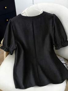 SHEIN Franclia 女士休闲刺绣翻领短袖衬衫 - 黑色 - 查看 2