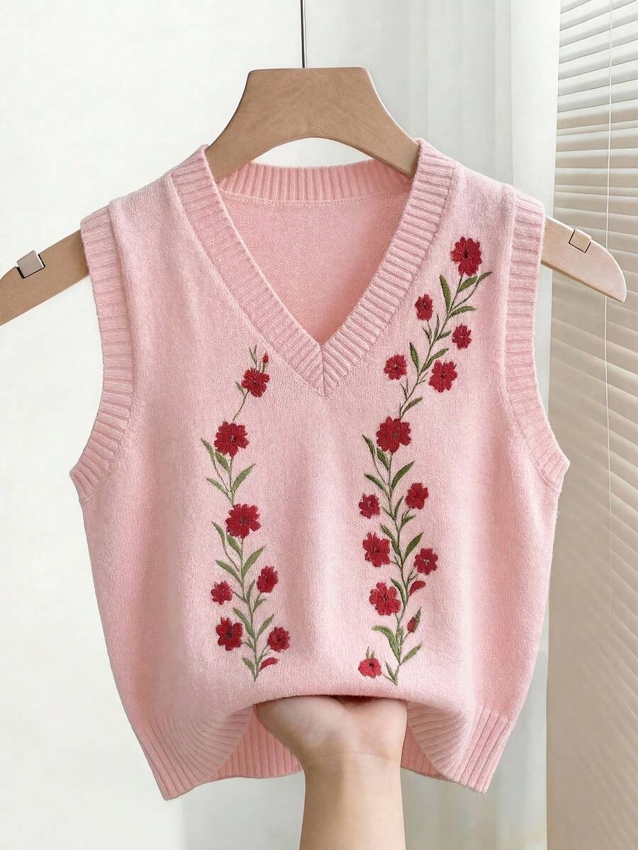 SHEIN LUNE 2025春夏新款叠层设计复古印花V领女士针织背心 - 粉色 - 查看 1