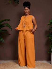 Veslaya Bộ đồ thường ngày thoải mái cho nữ cỡ lớn, gồm áo buộc dây phía trước màu trơn và quần ống rộng. - Màu Mù tạt vàng - Xem 6