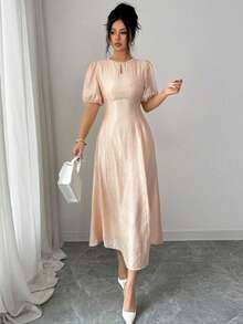 Modelyn Women's Elegant Puff Sleeve Cinched Waist Shiny Dress - Pink - View 7